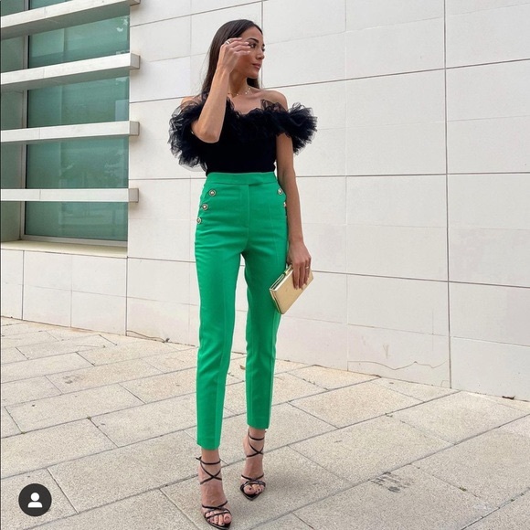 ZARA New Woman Bottle Green Buttoned Straight Leg Pants - Picture 1 of 7